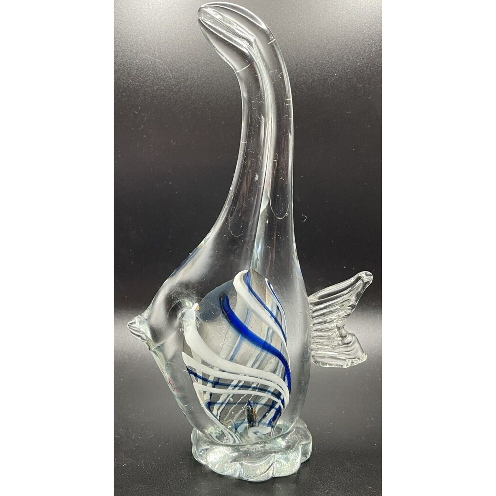 Angelfish Art Glass Clear Figurine w/Blue & White Swirl Belly 8 Inches Tall
